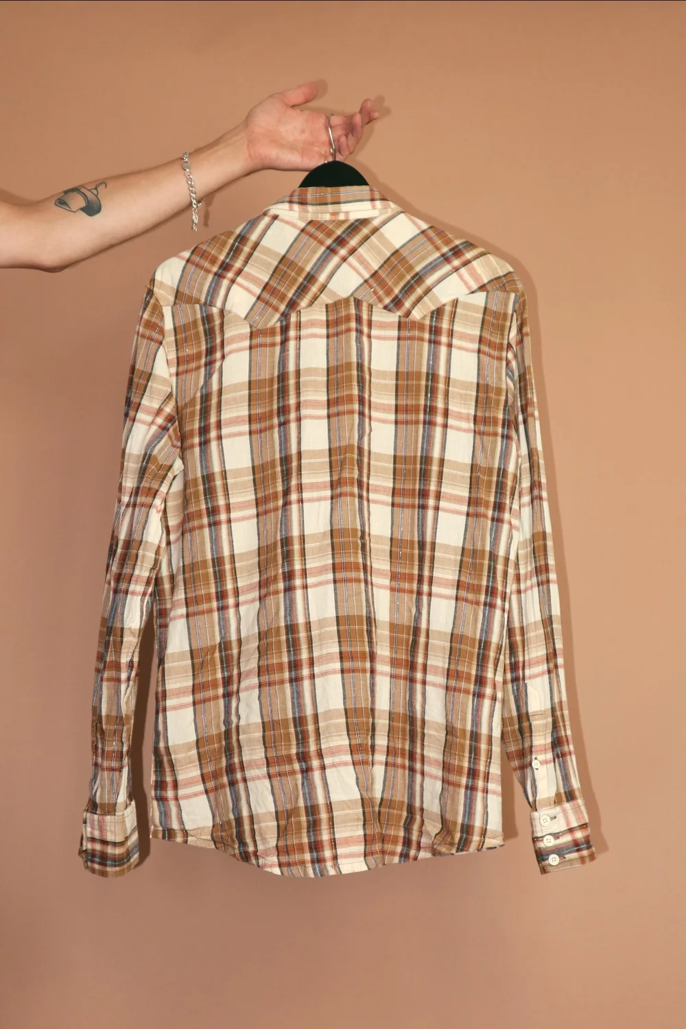 VINTAGE STAPLEFORD BROWN PLAID GOLD THREAD COTTON WESTERN